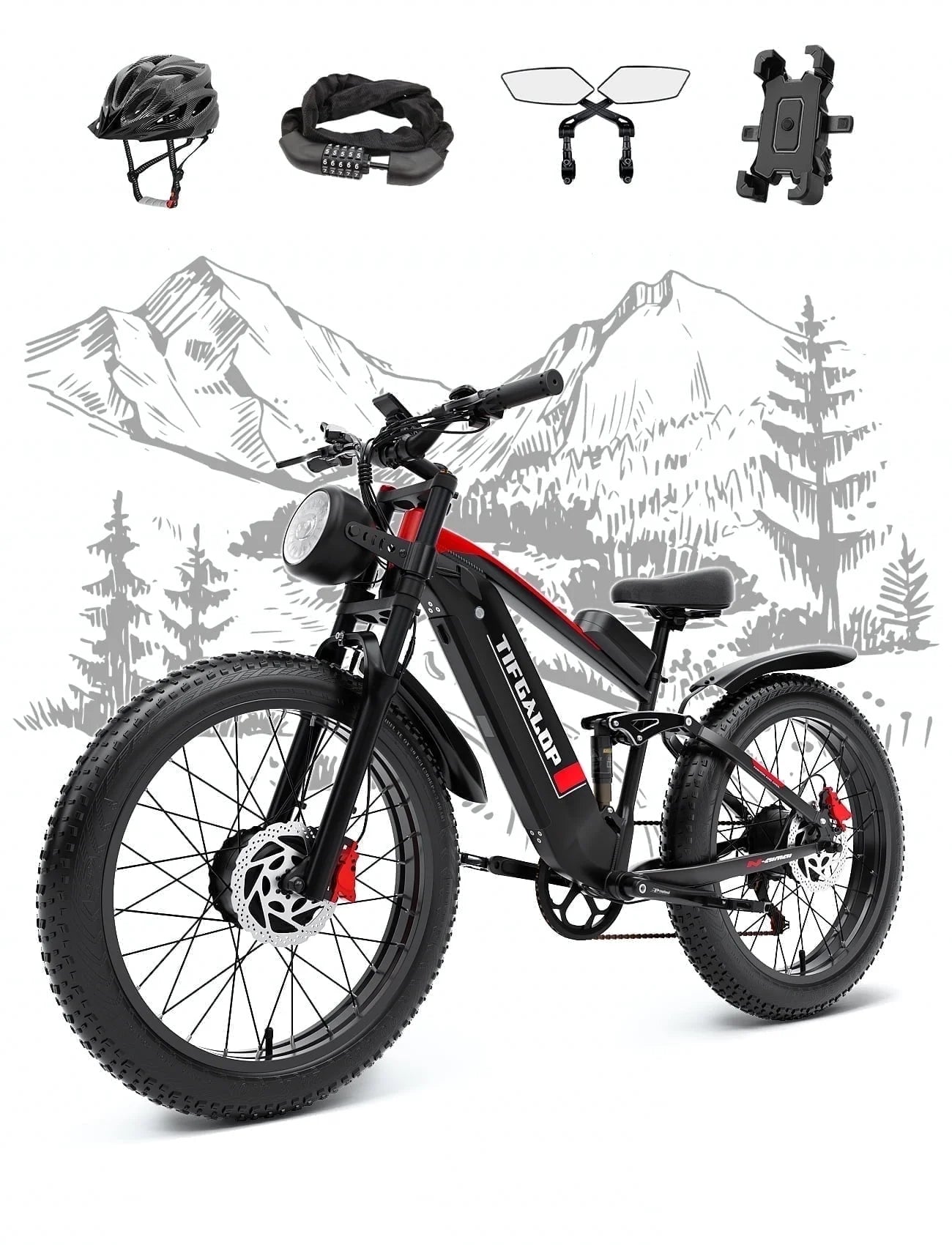 Adult Electric Bike, Dual Motor, 52V 22Ah UL2849 Removable Lithium Battery 26 Inch Fat Tire Off-Road Electric Mountain Bike, 7 Speeds