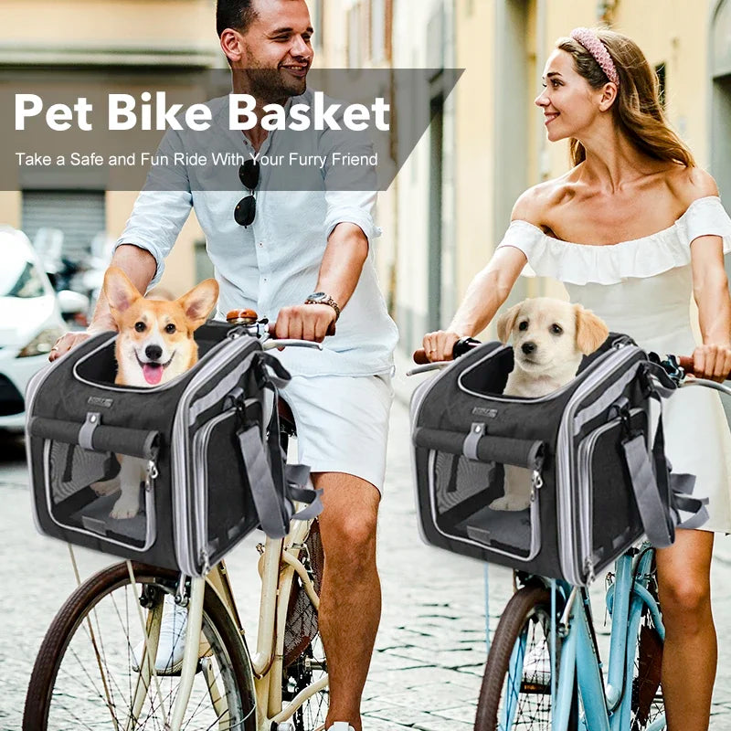 Dog or Cat Bike Basket, Expandable Soft Sided Pet Carrier Backpack with 4 Open Doors, Foldable Dog Bike Carrier