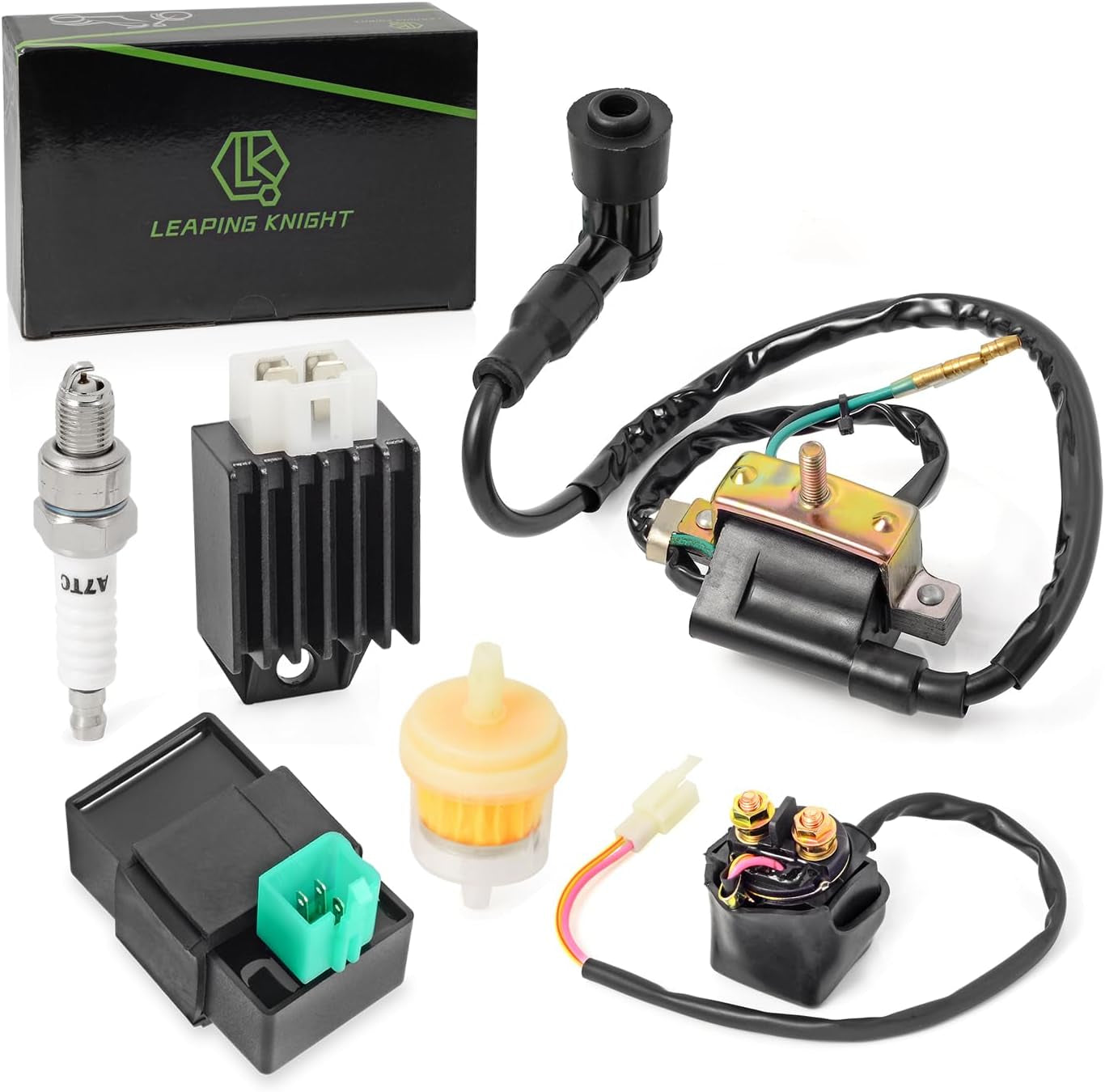 Ignition Coil Kit with 5 Pin AC CDI Box Voltage Regulator Rectifier Solenoid Relay & Spark Plug for Kazuma Meerkat 50Cc Falcon 70Cc 90Cc 110Cc Taotao Roketa Coolster 110CC ATV 3050B