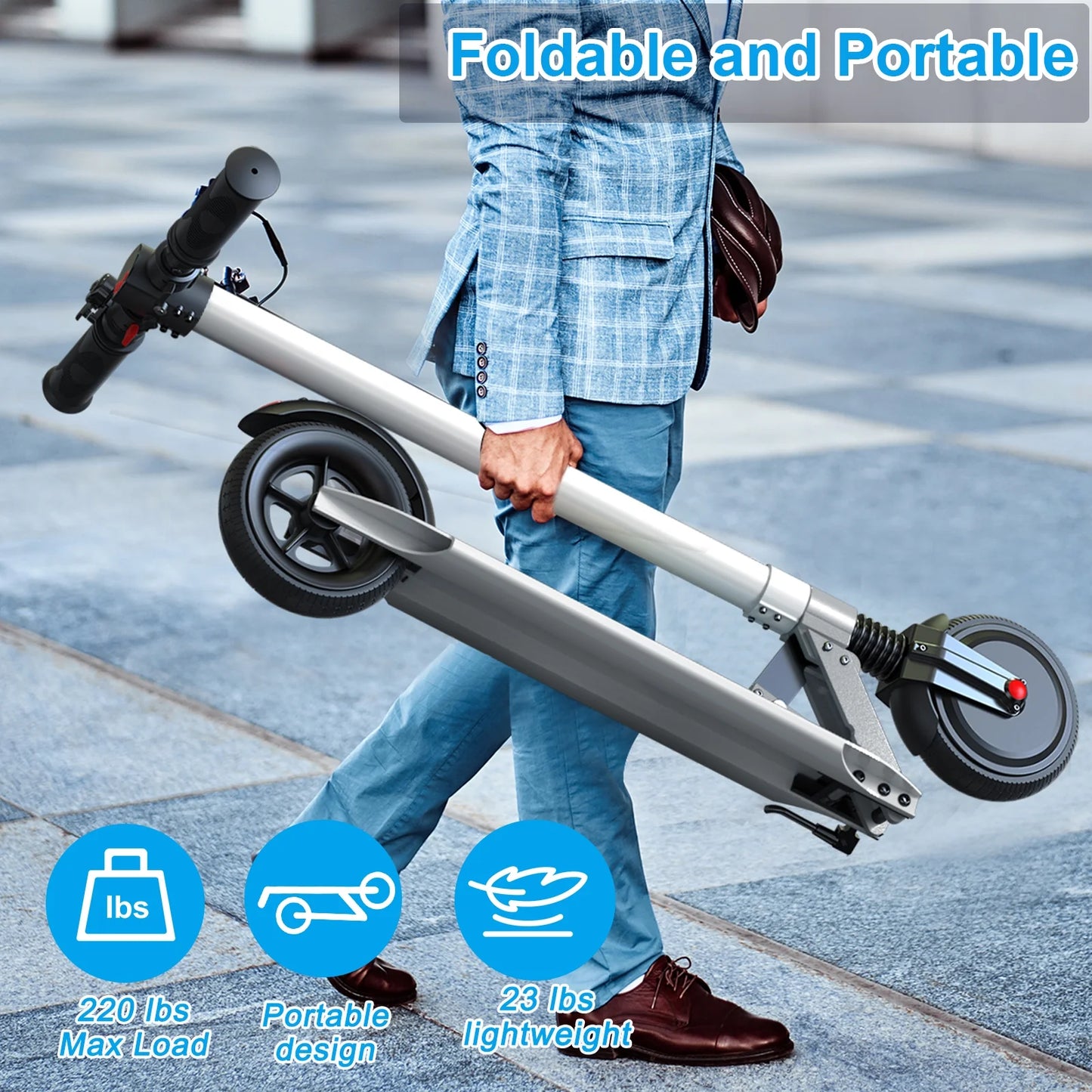 Electric Scooter Adults, 250W Motor E-Scooter, 6.5 in Tires, 15.5 Mph & 20 Miles Range, Commuting Kick Scooter, Max Load 220 Lbs, Write