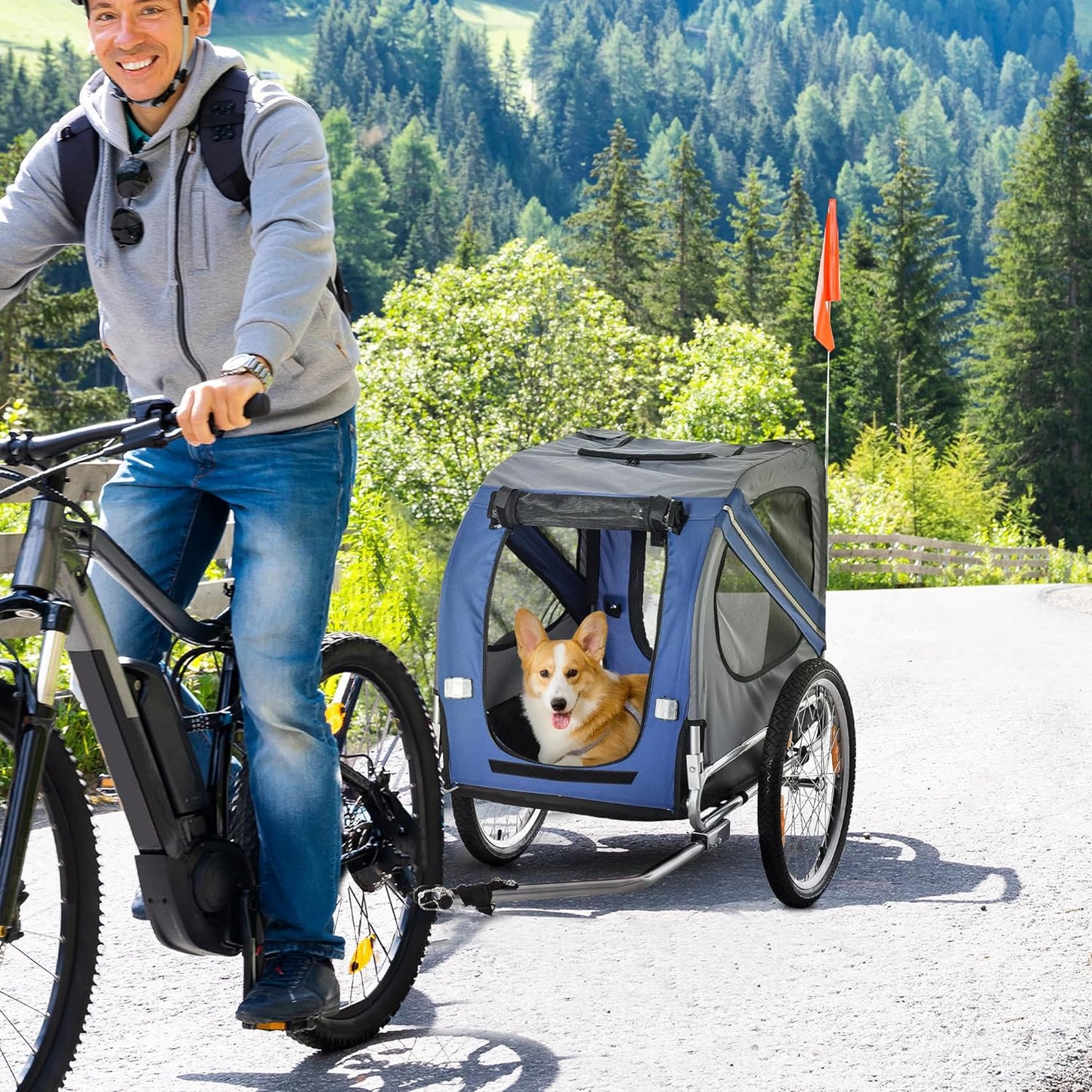 Dog Bike Trailer Pet Cart Bicycle Wagon Cargo Carrier Attachment for Travel with 3 Entrances Large Wheels for Off-Road & Mesh Screen