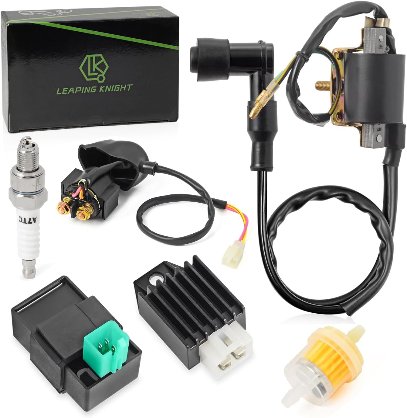 Ignition Coil Kit with 5 Pin AC CDI Box Voltage Regulator Rectifier Solenoid Relay & Spark Plug for Kazuma Meerkat 50Cc Falcon 70Cc 90Cc 110Cc Taotao Roketa Coolster 110CC ATV 3050B