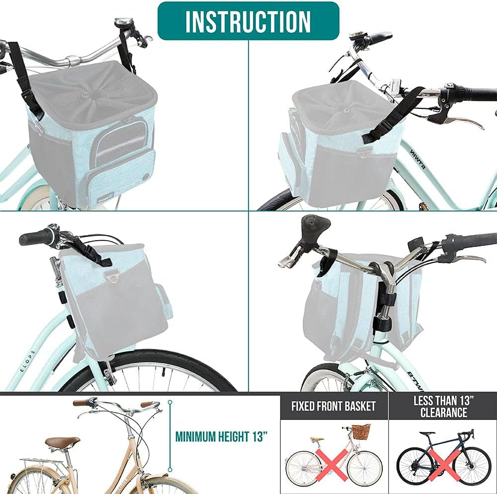 Dog Bike Basket, Soft-Sided Ventilated Dog Bike Carrier Backpack, Pet Bicycle Basket for Bike Handlebar, Small Medium Puppy Cat Kitten Car Booster Seat with Safety Strap, Max 18 Lbs, Blue