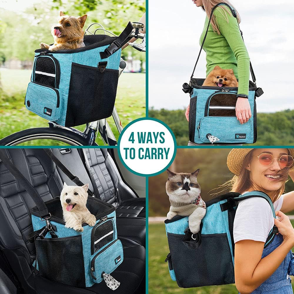 Dog Bike Basket, Soft-Sided Ventilated Dog Bike Carrier Backpack, Pet Bicycle Basket for Bike Handlebar, Small Medium Puppy Cat Kitten Car Booster Seat with Safety Strap, Max 18 Lbs, Blue