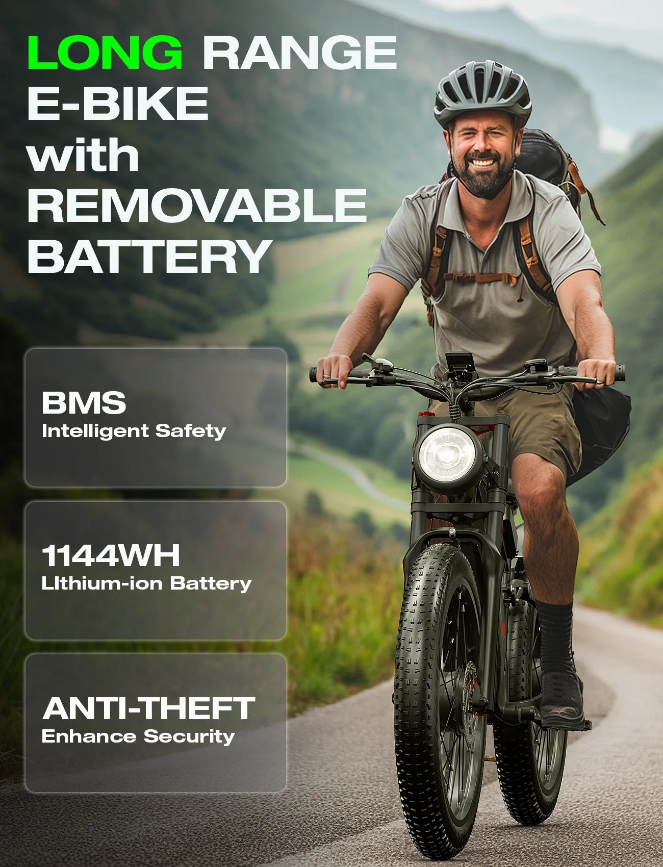 Adult Electric Bike, Dual Motor, 52V 22Ah UL2849 Removable Lithium Battery 26 Inch Fat Tire Off-Road Electric Mountain Bike, 7 Speeds