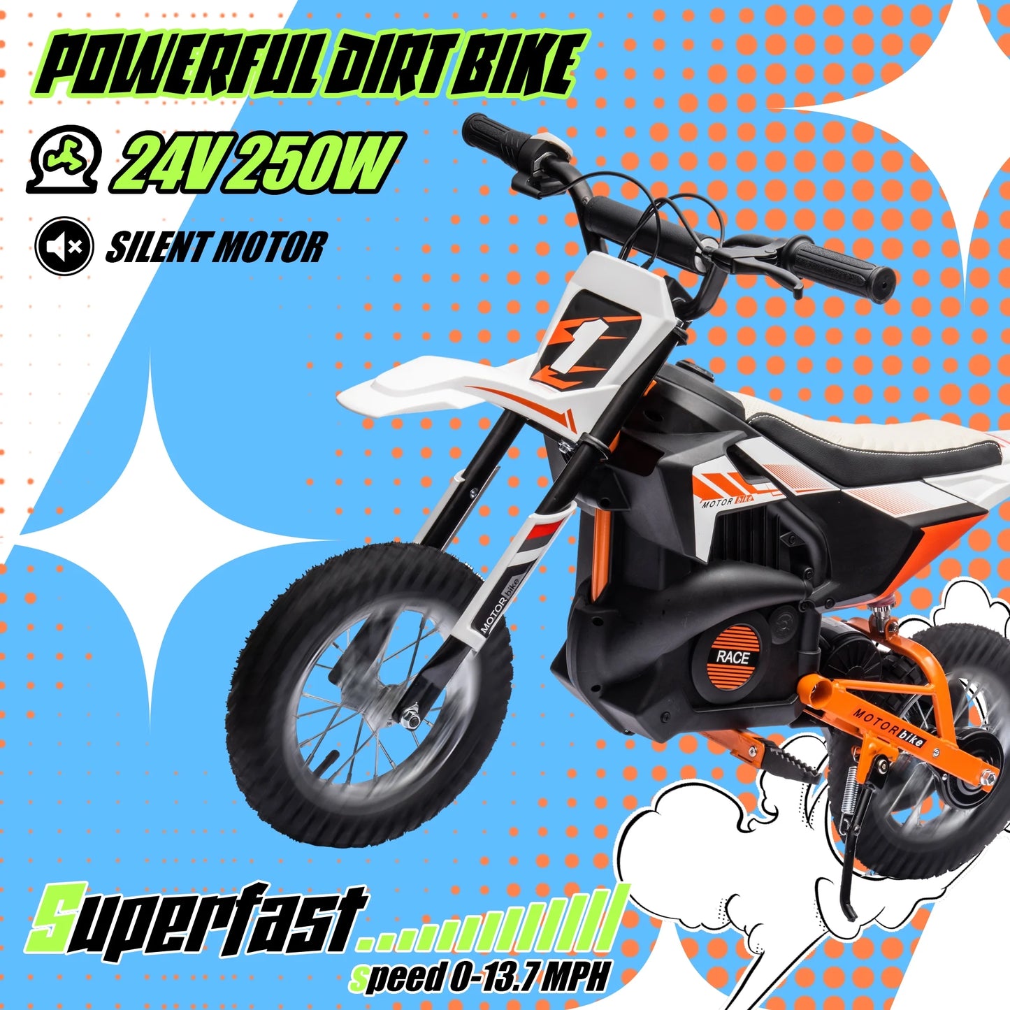 24V Powered Electric Dirt Bike for Kids, Kids Electric Motorcycle with 250W Motor, Ride on Dirt Motorcycle Toy with Rear Wheel Suspension, Kids Electric Bike for Boys Girls, White