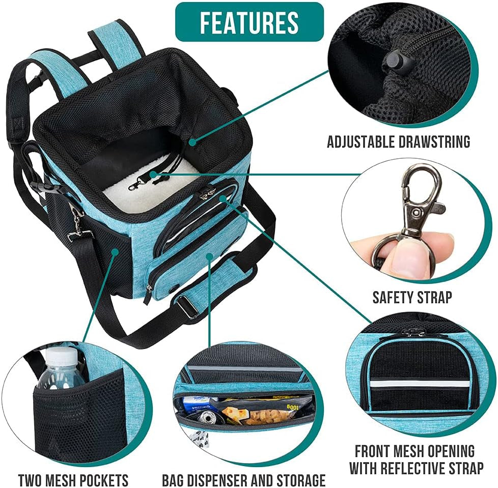 Dog Bike Basket, Soft-Sided Ventilated Dog Bike Carrier Backpack, Pet Bicycle Basket for Bike Handlebar, Small Medium Puppy Cat Kitten Car Booster Seat with Safety Strap, Max 18 Lbs, Blue