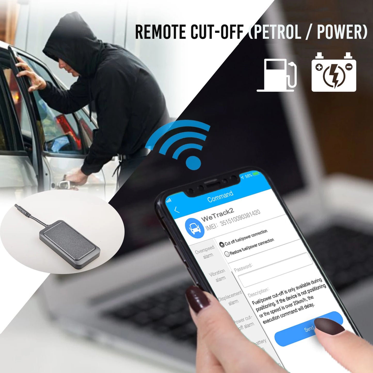 Wetrack2 Moto Car GPS Tracker with Battery IP65 Waterproof Multiple Alarms Real-Time Tracking Remote Cut-Off via Web APP