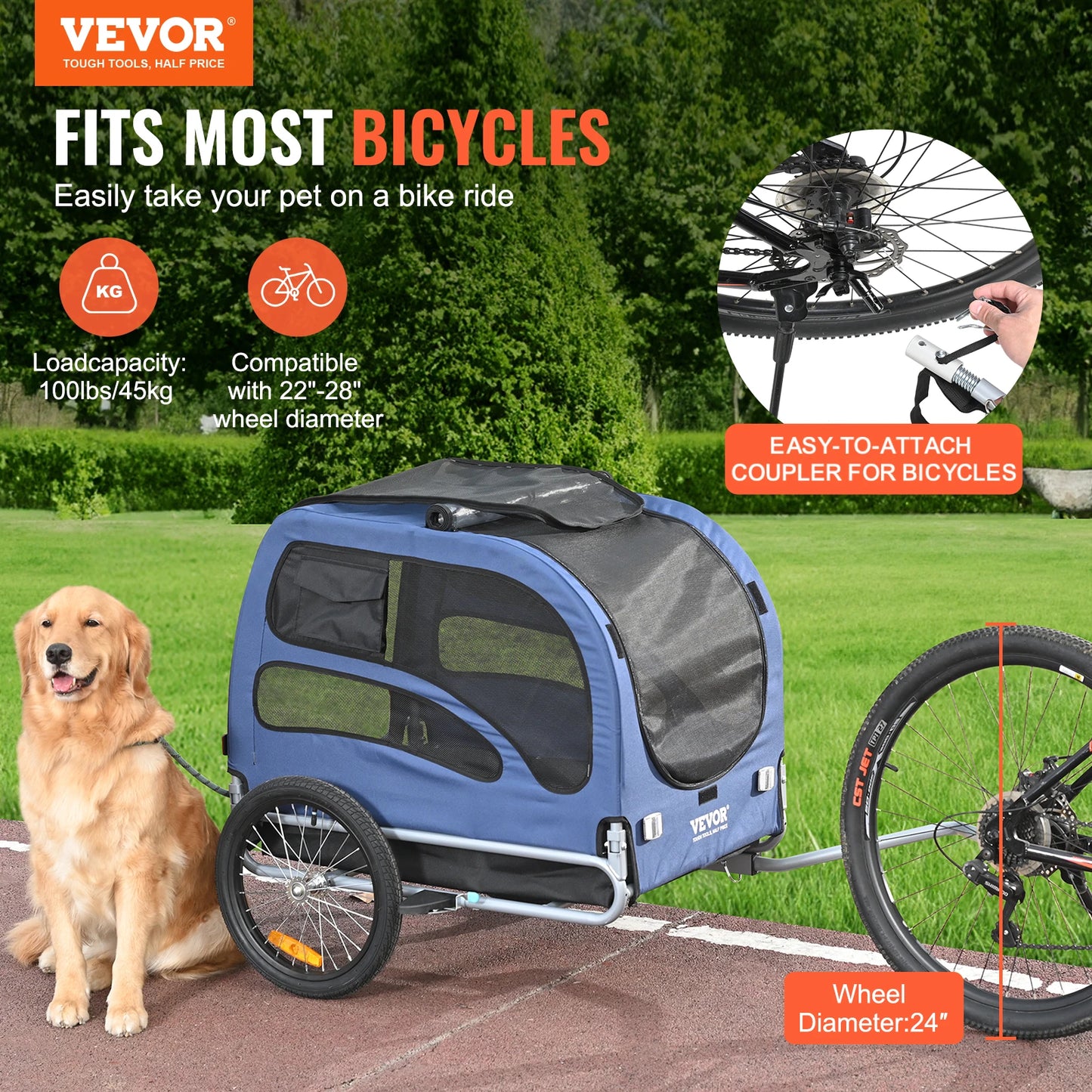 Succebuy 100Lbs Pet Cart Bicycle Carrier Dog Bike Trailer with Coupler, Reflectors, Flag, Collapsible to Store for Dogs Travel