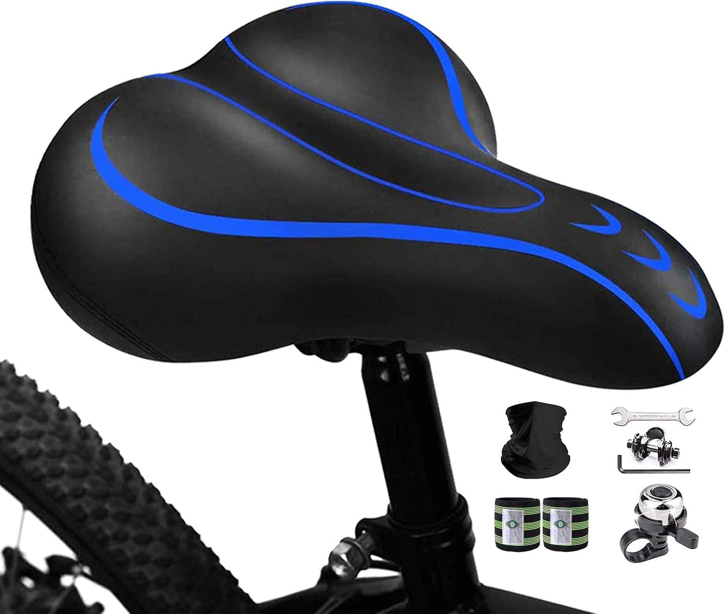 Bike Seat for Women Men-Replacement Wide Bicycle Saddle Memory Foam Waterproof Padded Soft Bike Cushion with Dual Shock Absorbing Rubber Balls Universal Fit for Indoor/Outdoor Bikes