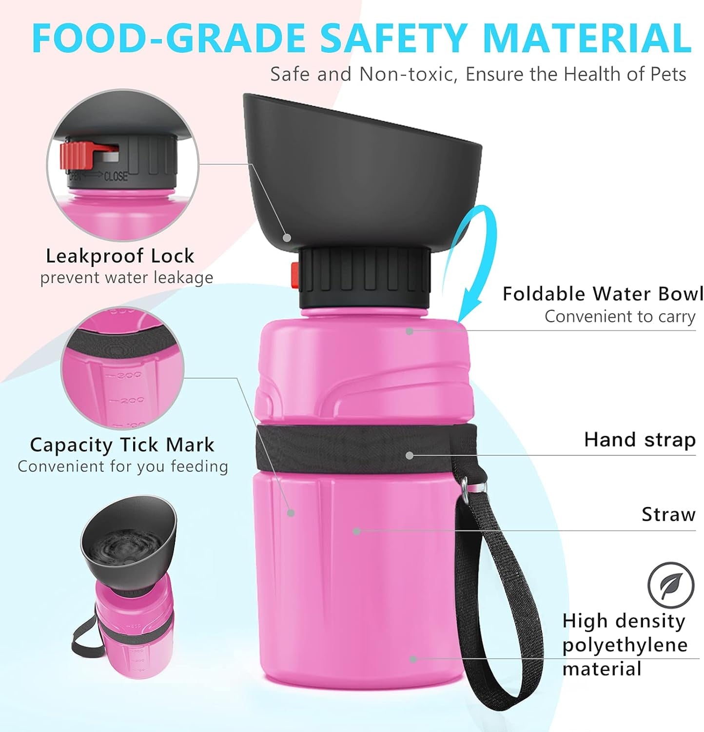 Dog Water Bottle 21Oz with Collapsible Dog Travel Bowls, Squeeze Pet Water Bottles for Dogs, Portable Lightweight Leak-Proof Dog Water Bowl Dispenser for Outdoor Walking