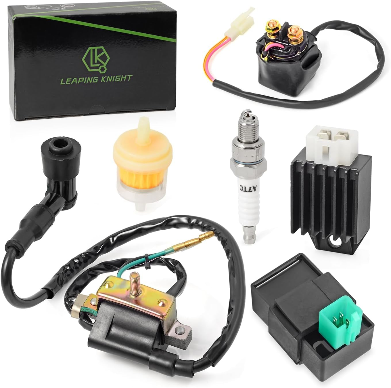 Ignition Coil Kit with 5 Pin AC CDI Box Voltage Regulator Rectifier Solenoid Relay & Spark Plug for Kazuma Meerkat 50Cc Falcon 70Cc 90Cc 110Cc Taotao Roketa Coolster 110CC ATV 3050B