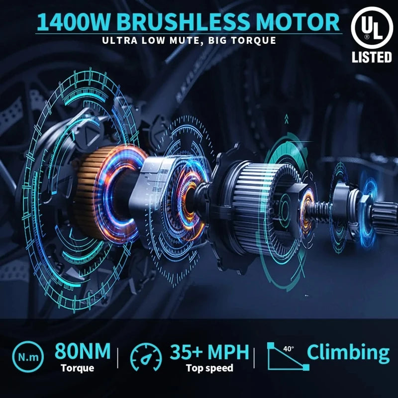Electric Bike F2 Pro 1400W Fat Tire Adult E Bikes 48V 22.5Ah Electric Motorcycles Both Urban Commuting and Off-Road Use