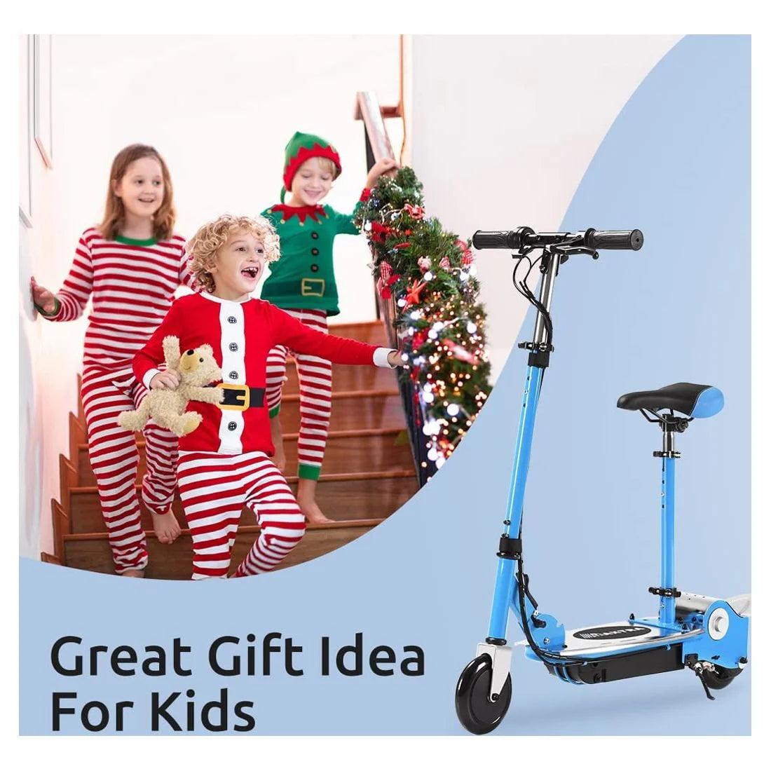 Electric Scooter with Seat for Kids Ages 6-12, 60 Mins Long Battery Life, Removable Seat 2 Riding Styles, 155Lbs Max Load, Light Blue