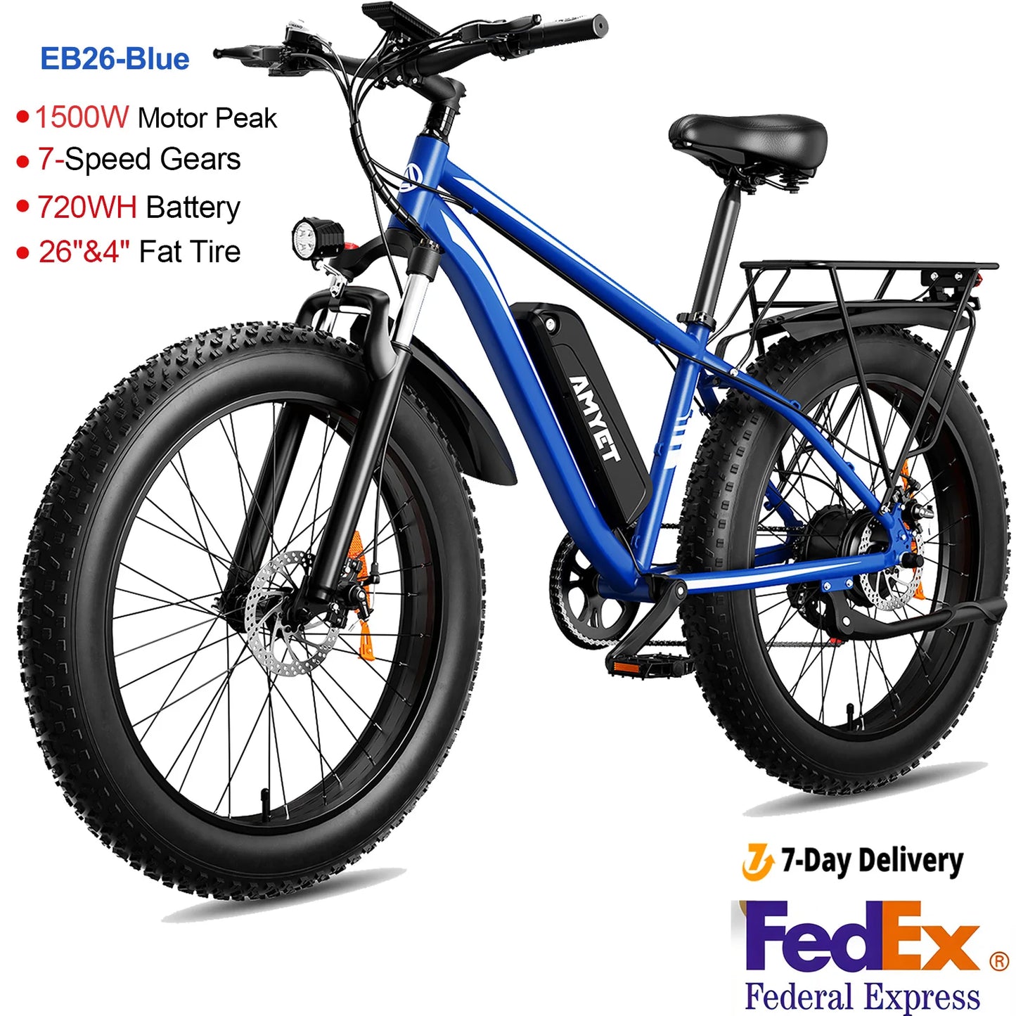 Electric Bike EB26 Blue Adults Electric Bicycle 31Mph Peak 1500W 720WH Ebike 26" Fat Tire Mountain Bike Electric Dirt Bike