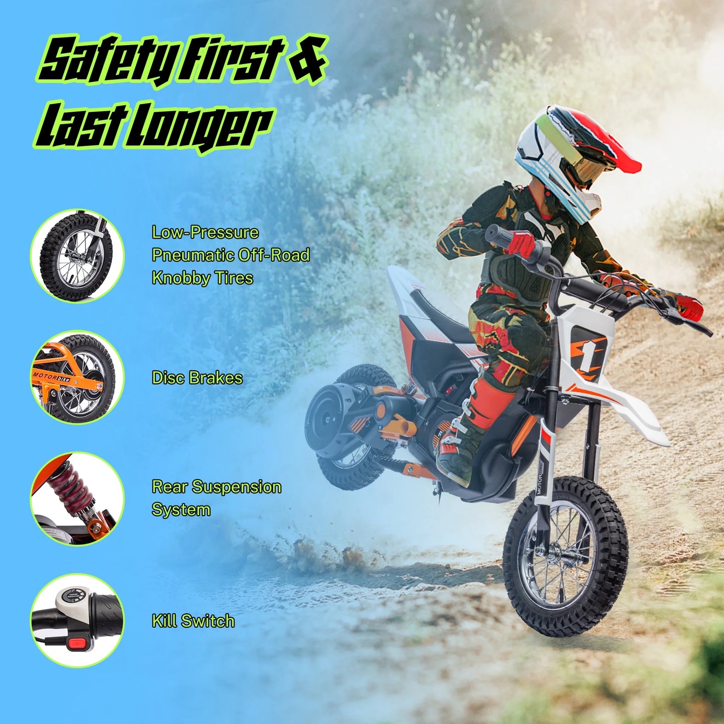 24V Powered Electric Dirt Bike for Kids, Kids Electric Motorcycle with 250W Motor, Ride on Dirt Motorcycle Toy with Rear Wheel Suspension, Kids Electric Bike for Boys Girls, White
