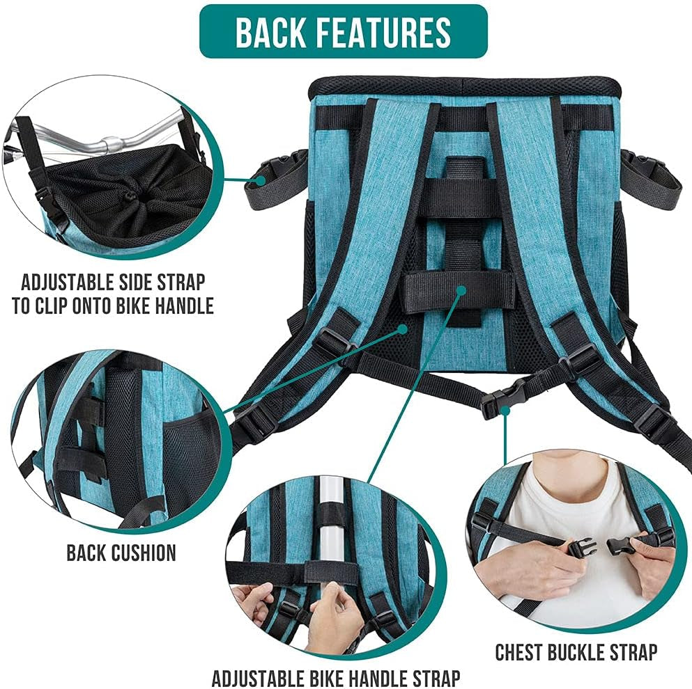 Dog Bike Basket, Soft-Sided Ventilated Dog Bike Carrier Backpack, Pet Bicycle Basket for Bike Handlebar, Small Medium Puppy Cat Kitten Car Booster Seat with Safety Strap, Max 18 Lbs, Blue