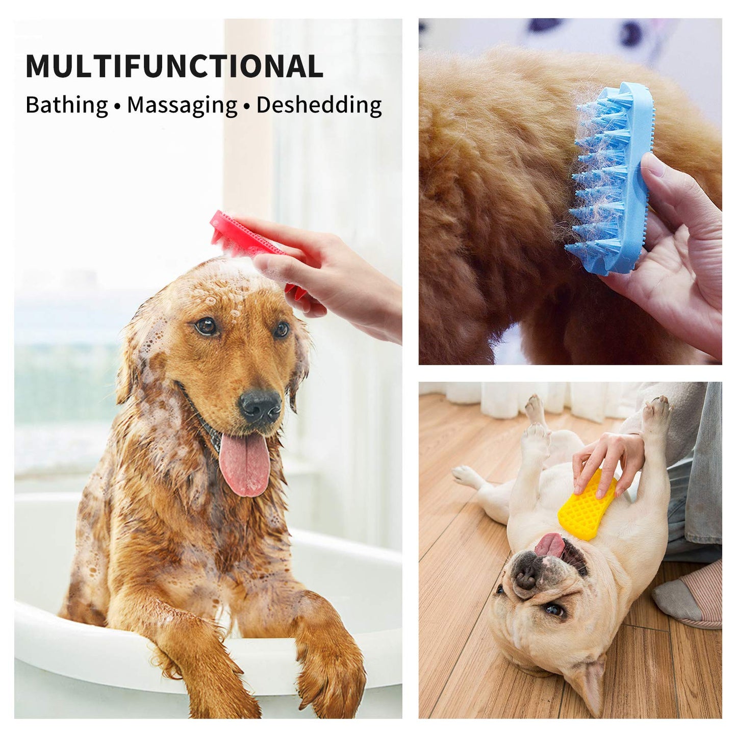 Dog Grooming Brush, Silicone Dual Side Pet Bath Brush for Deshedding & Massaging, Hair Brush Comb for Pet, Puppy, Cats (Red)