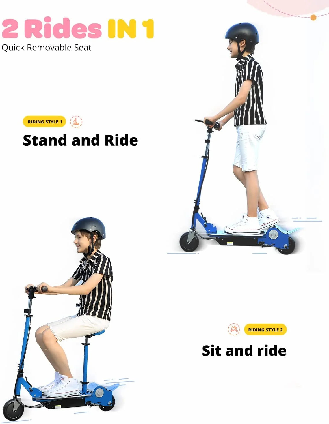 Electric Scooter with Seat for Kids Ages 6-12, 60 Mins Long Battery Life, Removable Seat 2 Riding Styles, 155Lbs Max Load, Light Blue