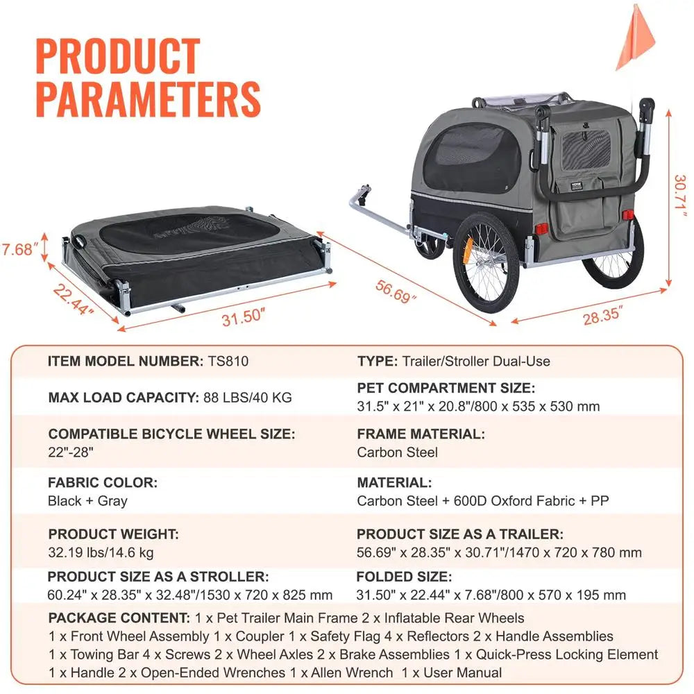 Pet Bicycle Trailer Stroller Dog Cat Carrier Waterproof 88Lbs Dual Use Bike Jogging 2In1 Easy Assembly Swivel Wheels