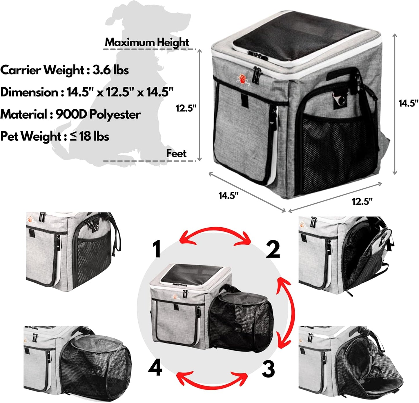 Cat Carrier, Dog Basket for Bike, Cat Backpack & Dog Bike Basket, Expandable Soft-Sided Pet Carrier with Multi-Pockets, Convertible to Pet Car Seat for Small Dog Cat Puppies
