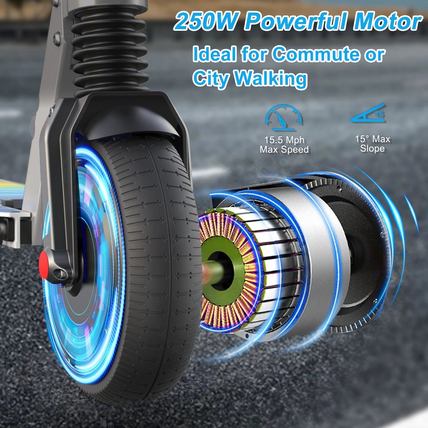 Electric Scooter Adults, 250W Motor E-Scooter, 6.5 in Tires, 15.5 Mph & 20 Miles Range, Commuting Kick Scooter, Max Load 220 Lbs, Write