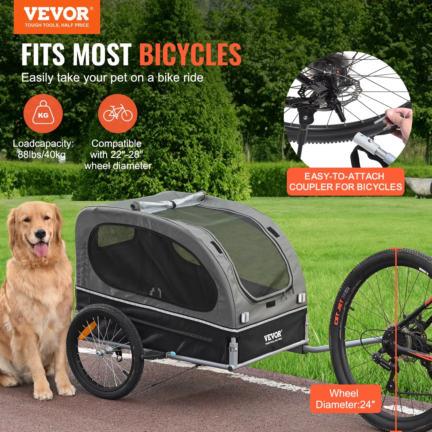 88 Lbs Dog Bike Trailer Pet Cart Bicycle Carrier with Wheels, Coupler, Reflectors, Flag, Collapsible to Store for Dogs