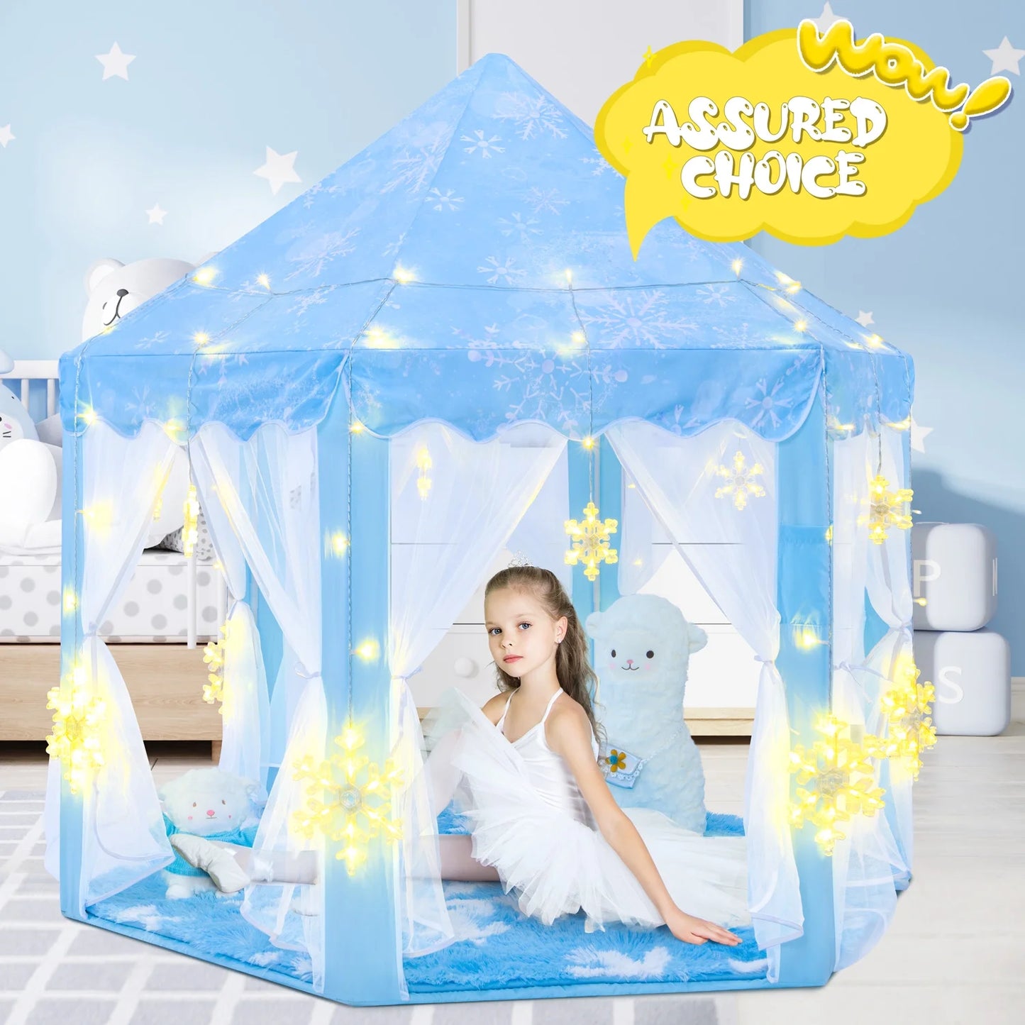 Frozen Princess Tent with Large Snowflake Lights, Frozen Tent for Girls Age 4-7, Kids Play Tent for Girls Indoor, Princess Castle Playhouse Tent for Toddlers, Blue Frozen Toy Tent 55X53 Inch