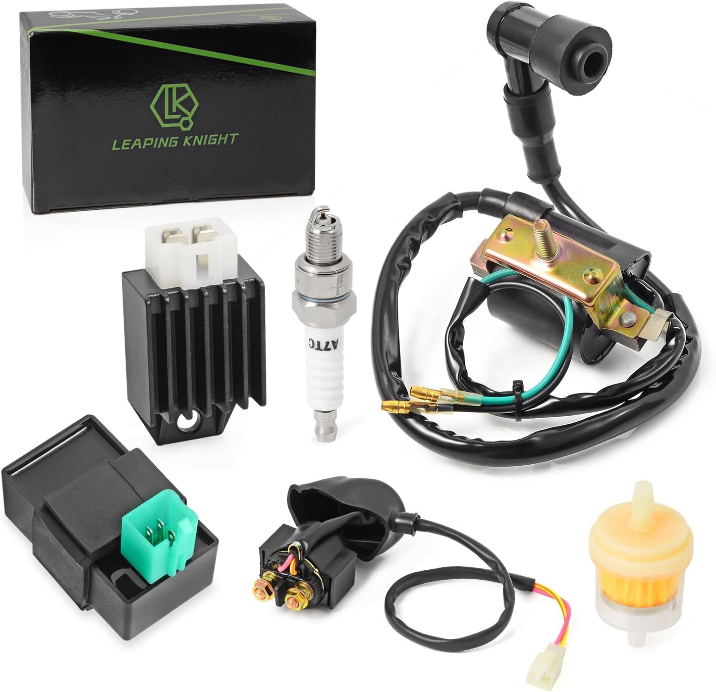 Ignition Coil Kit with 5 Pin AC CDI Box Voltage Regulator Rectifier Solenoid Relay & Spark Plug for Kazuma Meerkat 50Cc Falcon 70Cc 90Cc 110Cc Taotao Roketa Coolster 110CC ATV 3050B
