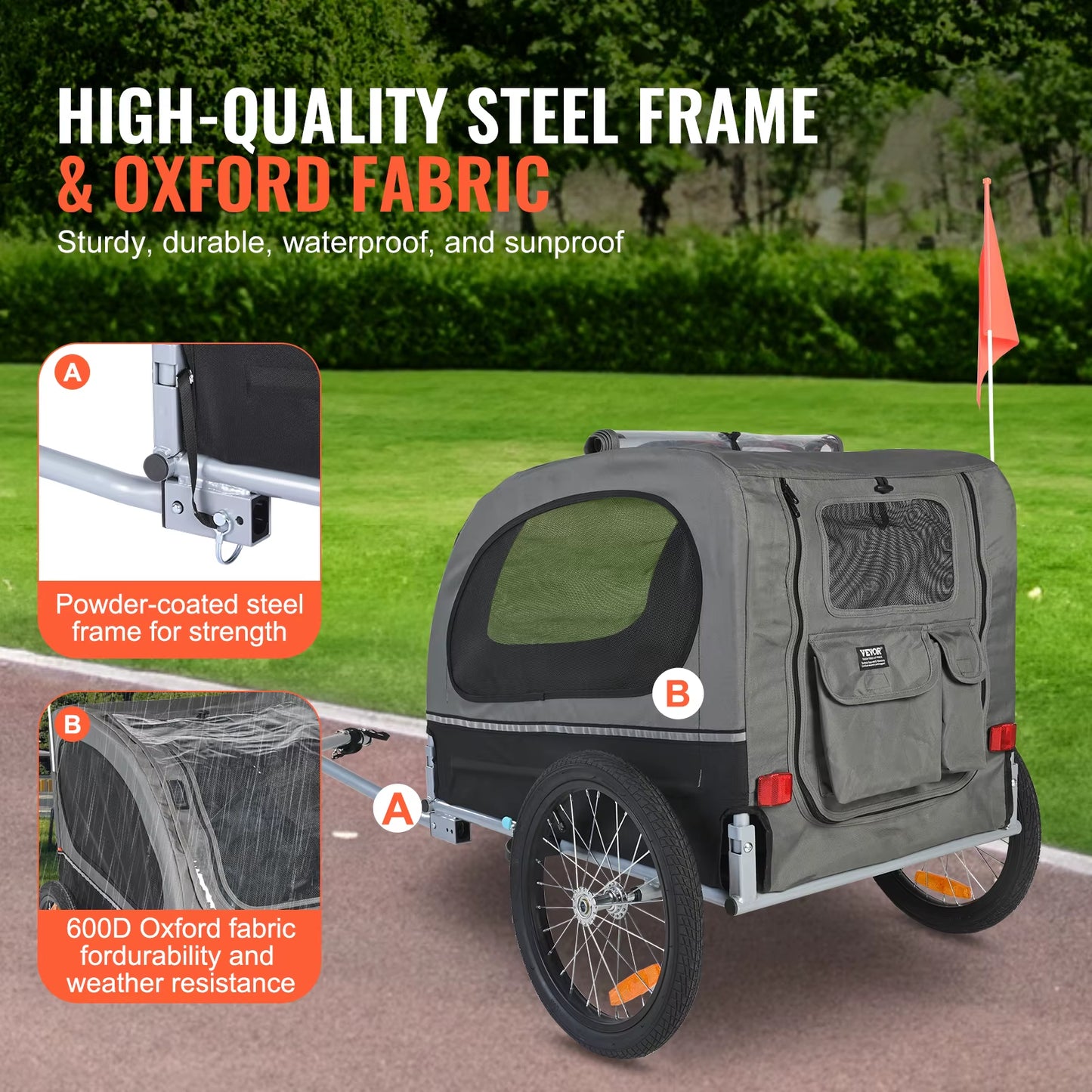 88 Lbs Dog Bike Trailer Pet Cart Bicycle Carrier with Wheels, Coupler, Reflectors, Flag, Collapsible to Store for Dogs