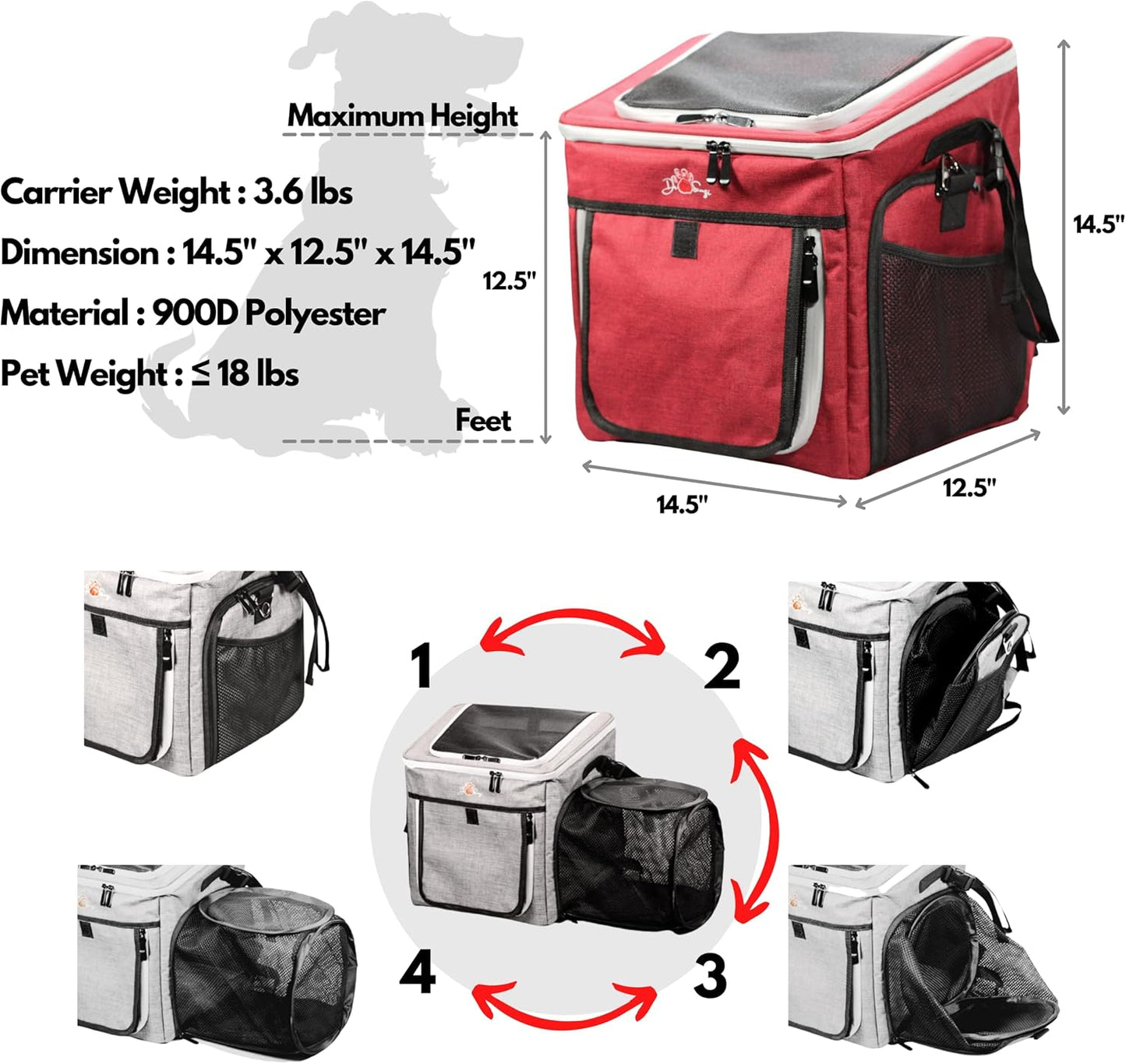 Puppy Carrier, Dog Basket for Bike, Cat Backpack & Dog Bike Basket, Expandable Soft-Sided Pet Carrier with Multi-Pockets, Convertible to Pet Car Seat for Small Dog Cat Puppies