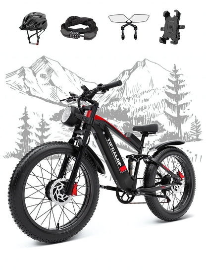 Adult Electric Bike, Dual Motor, 52V 22Ah UL2849 Removable Lithium Battery 26 Inch Fat Tire Off-Road Electric Mountain Bike, 7 Speeds