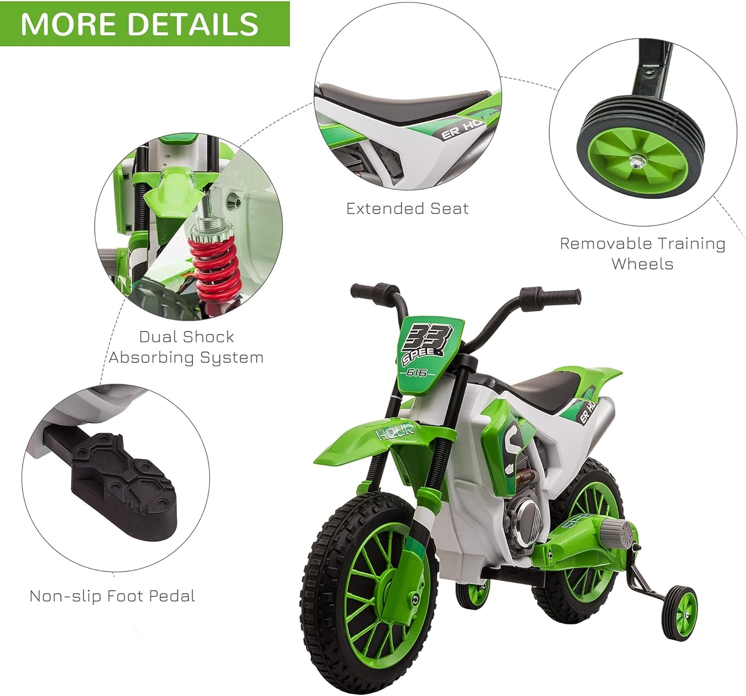 12V Kids Motorcycle, Electric Motor Bike, Battery-Powered Ride-On Toy with Charging Battery, Training Wheels, Green