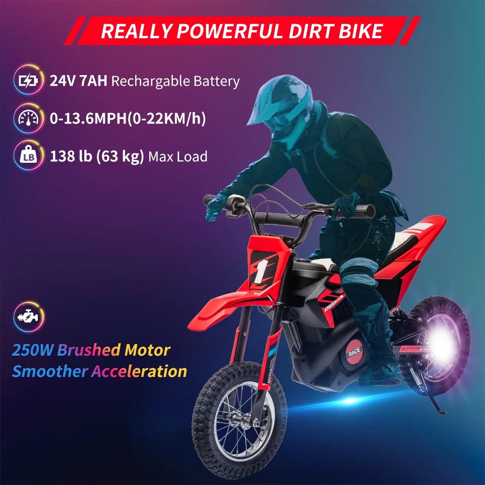 24V Kids Ride on Motorcycle,250W Motor 13.6MPH Fast Speed Electric Battery-Powered Off-Road Motocross,Leather Seat Dirt Bike,Grip Throttle,Metal Suspension,Air-Filled Tires