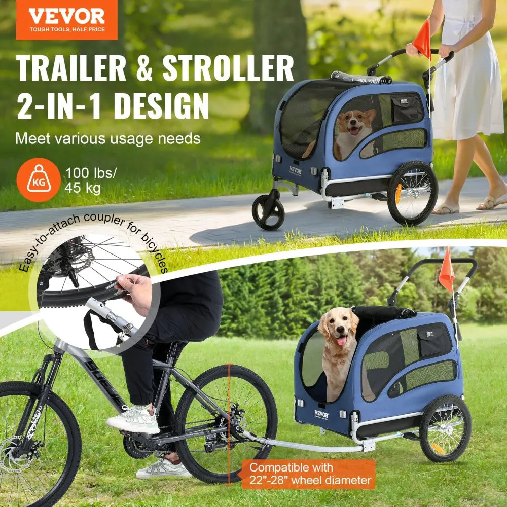 Supports up to 100 Lbs, 2-In-1 Pet Stroller Cart Bicycle Carrier, Easy Folding Cart Frame with Quick Release Wheels,Pet Cart