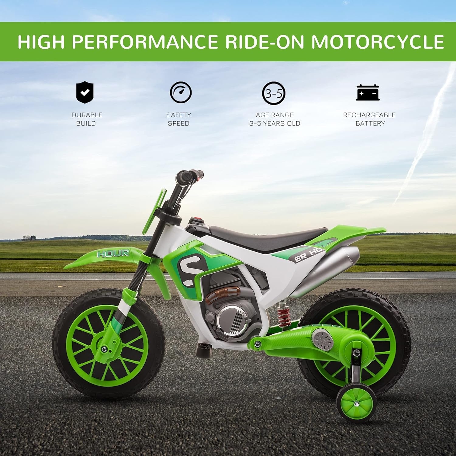 12V Kids Motorcycle, Electric Motor Bike, Battery-Powered Ride-On Toy with Charging Battery, Training Wheels, Green