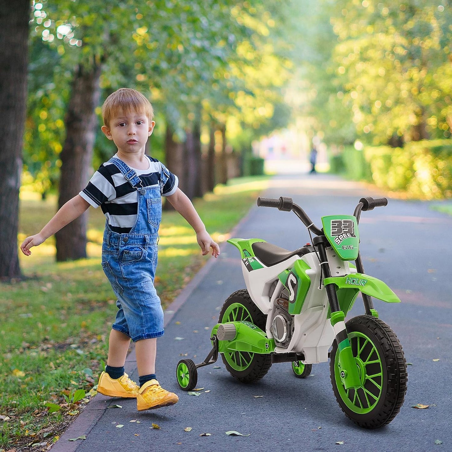 12V Kids Motorcycle, Electric Motor Bike, Battery-Powered Ride-On Toy with Charging Battery, Training Wheels, Green