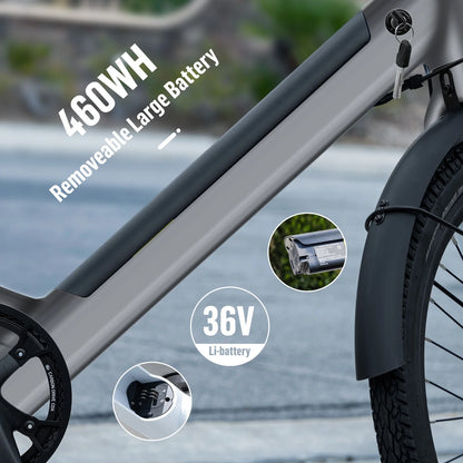 500W 26" Electric City Bike for Adults Mountain Eelectric Bicycle with 36V 460WH Removable Battery - LCD Display, Disc Brake, Speed Sensor, Belt Drive, Waterproof Commute Ebikes