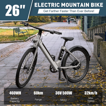 500W 26" Electric City Bike for Adults Mountain Eelectric Bicycle with 36V 460WH Removable Battery - LCD Display, Disc Brake, Speed Sensor, Belt Drive, Waterproof Commute Ebikes
