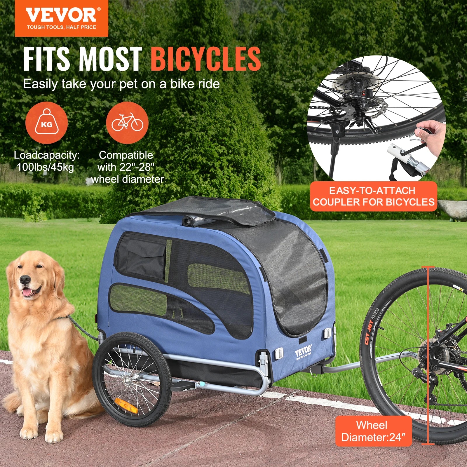 Succebuy 100Lbs Pet Cart Bicycle Carrier Dog Bike Trailer with Coupler, Reflectors, Flag, Collapsible to Store for Dogs Travel
