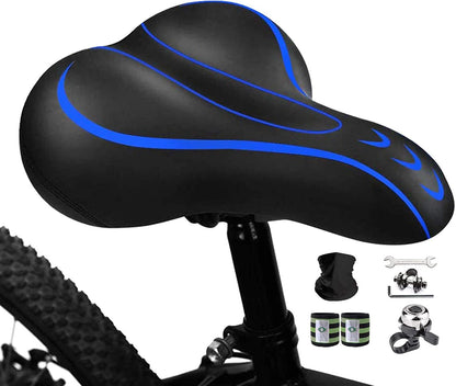 Bike Seat for Women Men-Replacement Wide Bicycle Saddle Memory Foam Waterproof Padded Soft Bike Cushion with Dual Shock Absorbing Rubber Balls Universal Fit for Indoor/Outdoor Bikes