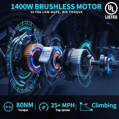 Electric Bike F2 Pro 1400W Fat Tire Adult E Bikes 48V 22.5Ah Electric Motorcycles Both Urban Commuting and Off-Road Use