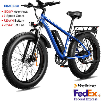 Electric Bike EB26 Blue Adults Electric Bicycle 31Mph Peak 1500W 720WH Ebike 26" Fat Tire Mountain Bike Electric Dirt Bike