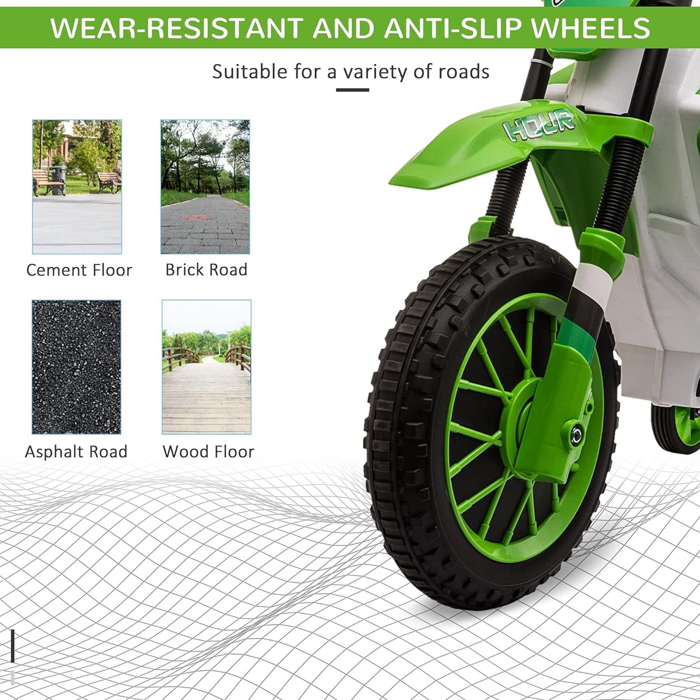 12V Kids Motorcycle, Electric Motor Bike, Battery-Powered Ride-On Toy with Charging Battery, Training Wheels, Green