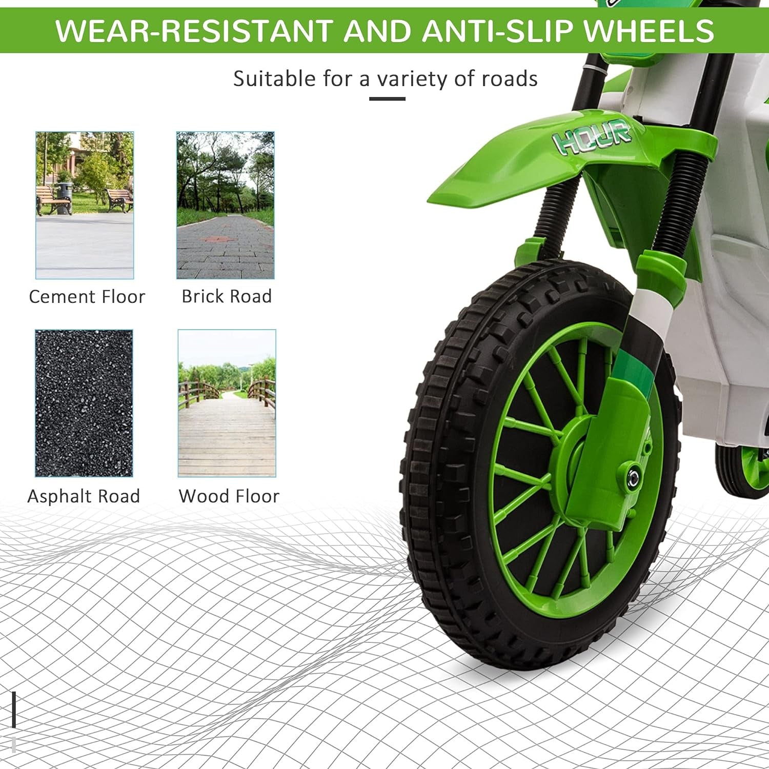 12V Kids Motorcycle, Electric Motor Bike, Battery-Powered Ride-On Toy with Charging Battery, Training Wheels, Green