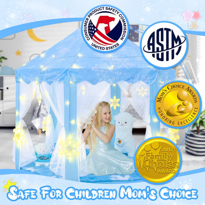 Frozen Princess Tent with Large Snowflake Lights, Frozen Tent for Girls Age 4-7, Kids Play Tent for Girls Indoor, Princess Castle Playhouse Tent for Toddlers, Blue Frozen Toy Tent 55X53 Inch
