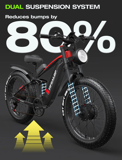 Adult Electric Bike, Dual Motor, 52V 22Ah UL2849 Removable Lithium Battery 26 Inch Fat Tire Off-Road Electric Mountain Bike, 7 Speeds