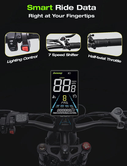 Adult Electric Bike, Dual Motor, 52V 22Ah UL2849 Removable Lithium Battery 26 Inch Fat Tire Off-Road Electric Mountain Bike, 7 Speeds