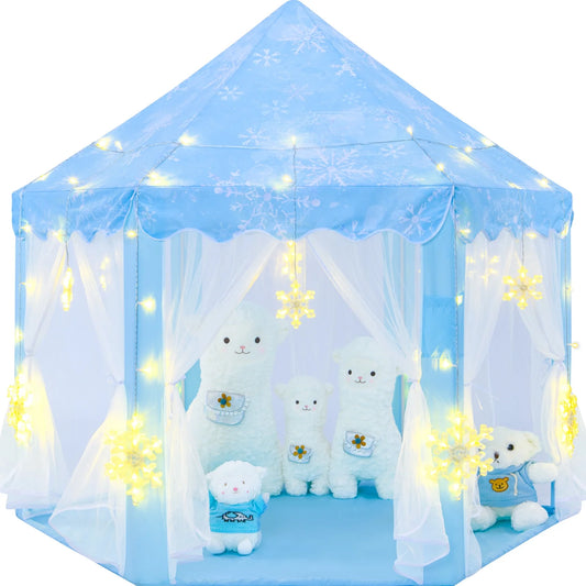 Frozen Princess Tent with Large Snowflake Lights, Frozen Tent for Girls Age 4-7, Kids Play Tent for Girls Indoor, Princess Castle Playhouse Tent for Toddlers, Blue Frozen Toy Tent 55X53 Inch