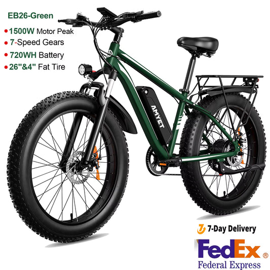 Electric Bike EB26 Blue Adults Electric Bicycle 31Mph Peak 1500W 720WH Ebike 26" Fat Tire Mountain Bike Electric Dirt Bike
